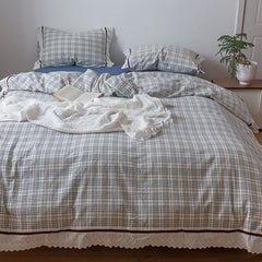 YICKYUE  -  Korean Style Pure Cotton Seersucker Lattice Lace Ruffles Bedding Set INS Style Girl Bed Sets Duvet Cover Bed Sheet Pillowcases