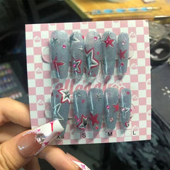 Yickyue American Collegiate Style Hot Girls Rose Pink Silver Star False Nails Burst Glitter Long Pointed Handmade Wearable Fake Nails