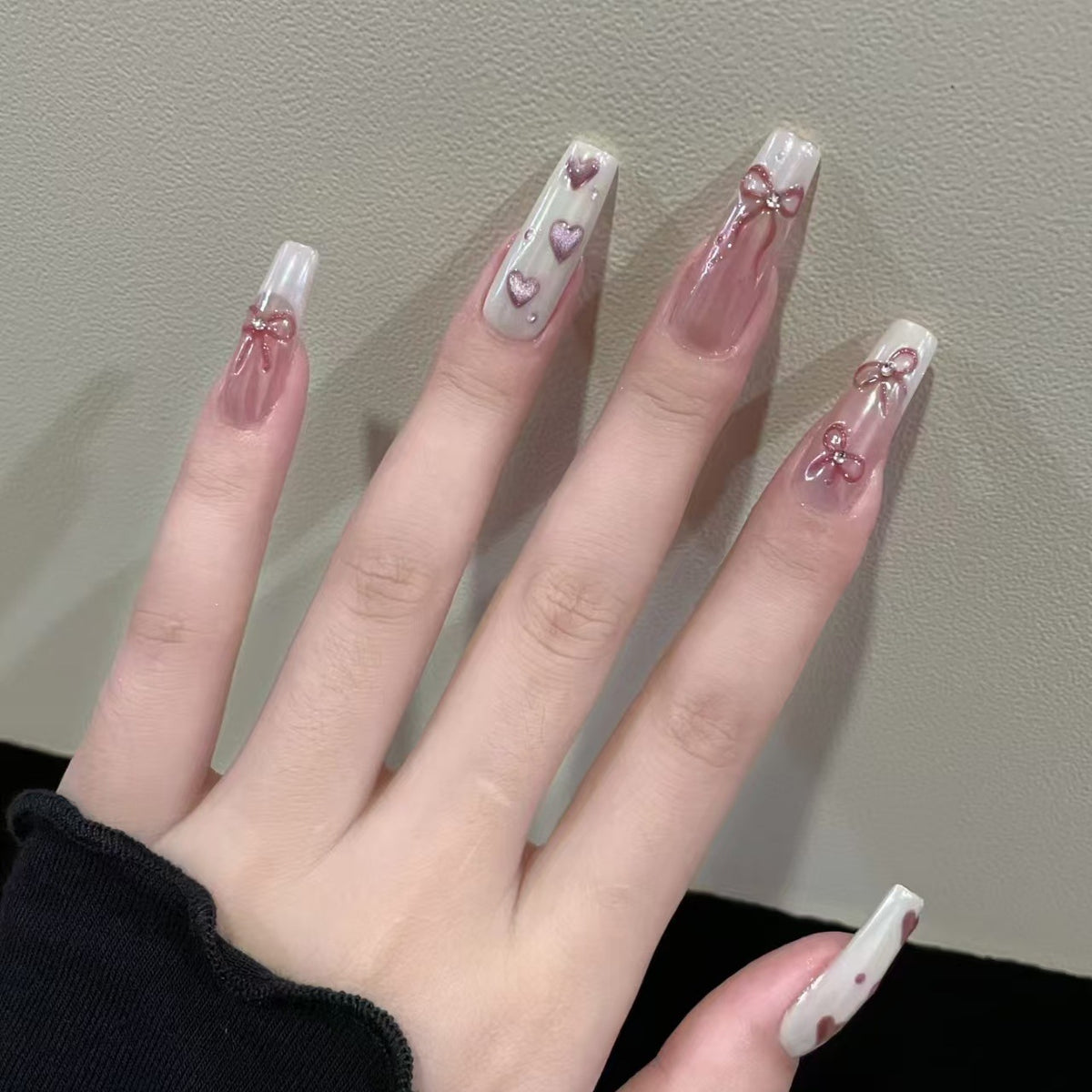 YICKYUE  -  10Pcs Glitter Pink Handmade Press On Nails Long Cute Flower French Ballet Full Cover Fake Nails Manicure Wearable Nail Tips Art