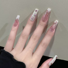 YICKYUE  -  10Pcs Glitter Pink Handmade Press On Nails Long Cute Flower French Ballet Full Cover Fake Nails Manicure Wearable Nail Tips Art