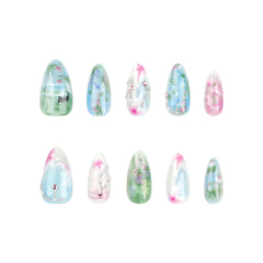 YICKYUE  -  24pcs Summer New Almond Press on Nails Spring Flowers Pattern Green False Nails Patch Ins Sweet Bow Fake Nails Tips for Girls