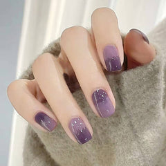 24Pcs Detachable Short Purple Gradient False Nails Artificial Lattice Glitter Round Fake Nails Full Cover Nail Tips Women Art