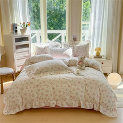 YICKYUE  Flower Washed Cotton Bedding Set Duvet Cover Set Korean Lace Ruffles Quilt Cover Soft Skin-friendly Cover Bed Linen Pillowcases