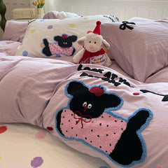 YICKYUE  -  Girl Cartoon Bedding Set Apple Dog Towel Embroidered Water Washed Cotton Four Piece Sets Beds Sheet Student Dormitory Home Decor