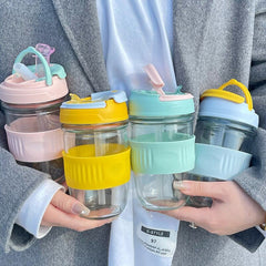 Kawaii Glass Bottle With Straw For Drinks Water Milk Coffee Tea Juice Cute Korean Portable Insulated Drinking Bottle For Girl