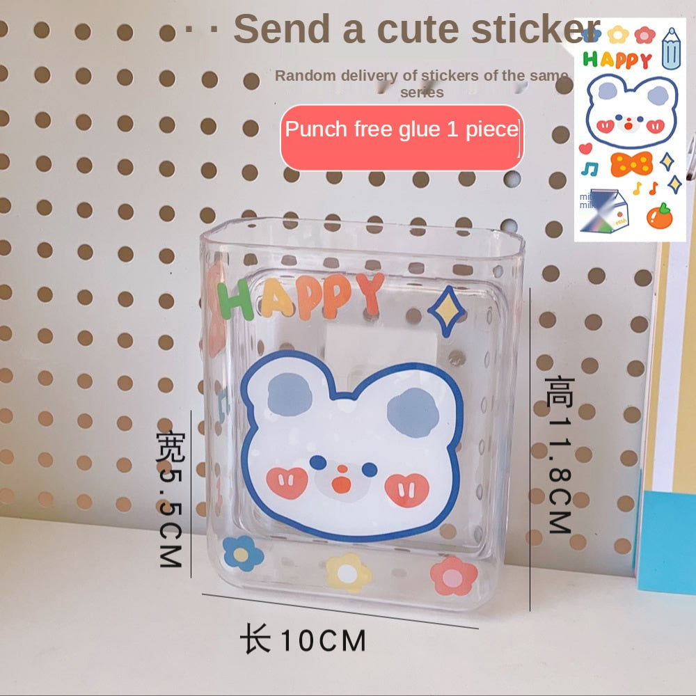 Kawaii Transparent Desktop Storage Box Organizer Cosmetics Student Punch Free Pen Holder Bathroom Organizer Wall Hanging Shelf