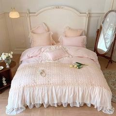 Yickyue Vintage French Style 600TC Egyptian Cotton Bedding Set with Lace + Nail Beads Soft Duvet Cover Set 4Pcs (Queen King Size,Pink)