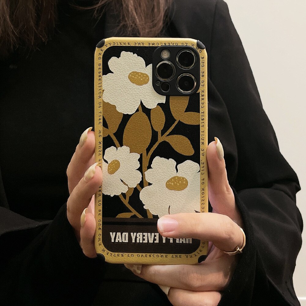 Retro flower leather phone case for iphone 8 7 plus xsmax x xr 11 12 mini 13 pro max soft silicone shockproof couple cover capa
