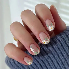 Yickyue  Striped Plaid Pink Flower Nail Art Simple Fashion Spring False Nails Detachable Finished Fake Nails Press on Nails with Glue