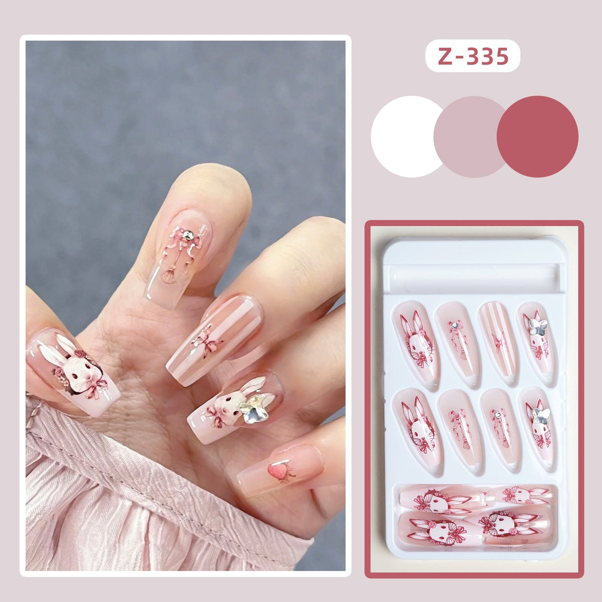 Yickyue 24pcs Cut Rabbit False Nails Full Cover Glitter Rhinestone New Year Artificial Nail Tips For Girl Gifts Press On Nails Wearable