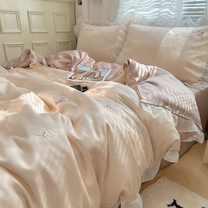 YICKYUE  -  Korean Lace Embroidered Bedding Set - 4PC Washed Silk-like Cooling Sheets | Summer Aircon Sleep Collection
