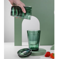 YICKYUE  -  450ml Large-capacity Straw Glass Vertical Stripes Water Cup With Straw and Lid Office Home Kitchen Accessories Hand Cup Car Cup
