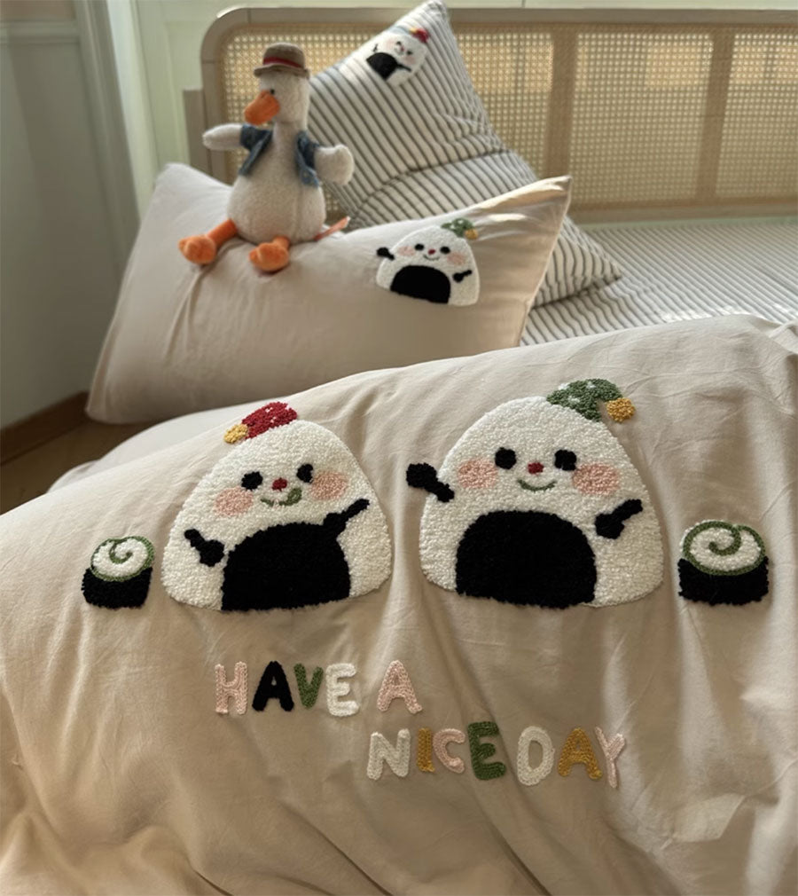Yickyue  -  Fashion cute cartoon rice ball bedding set,twin full queen king embroidery cotton home textile bed sheet pillow case quilt cover