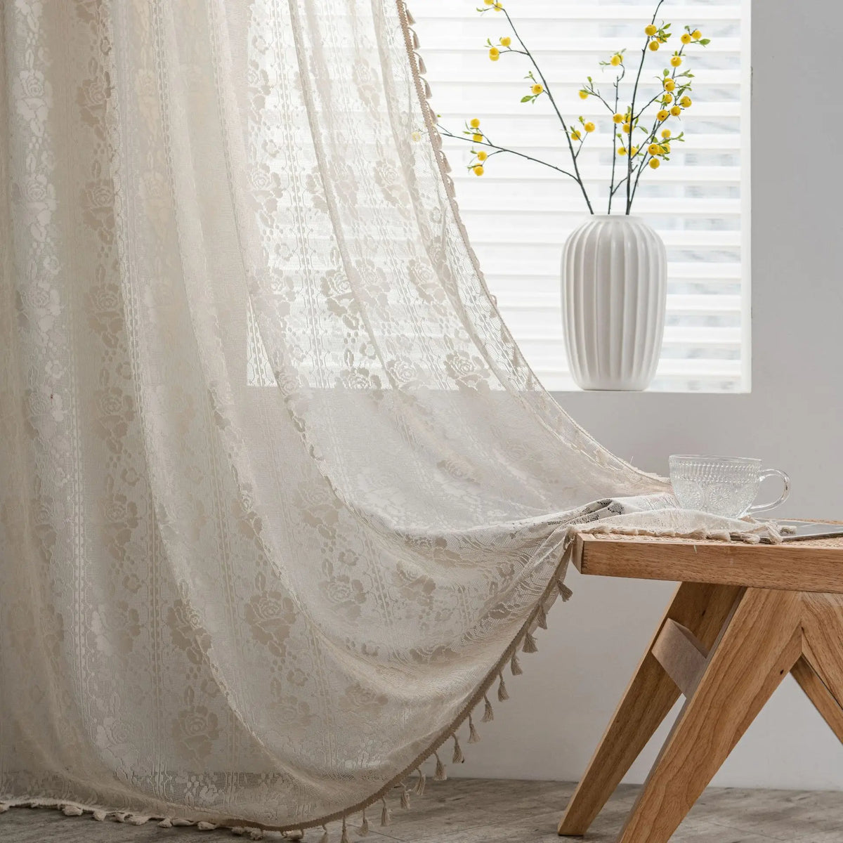 YICKYUE  -  Bohemian Curtains Crochet Lace Semi Transparent Hollow Knit Handmade Tassel Curtains