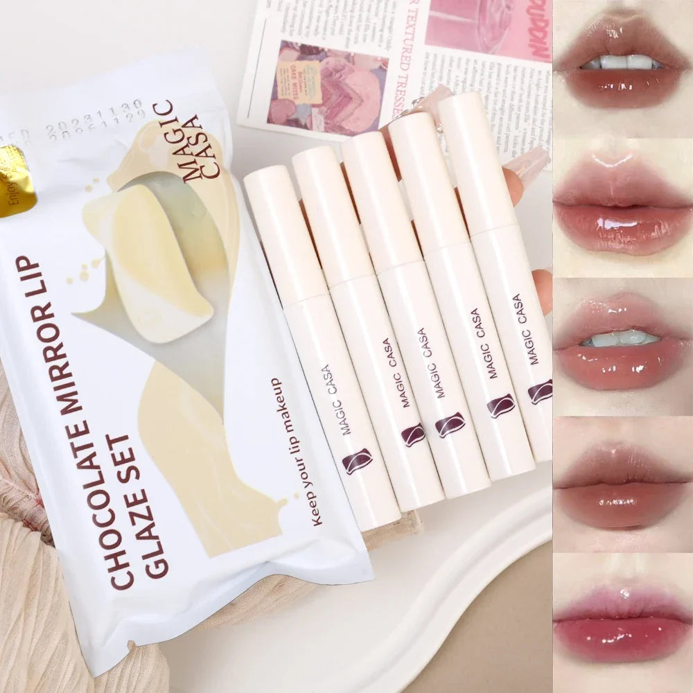 YICKYUE  -  5pcs/set Mirror Jelly Lip Gloss Moisturizing Water Glossy Liquid Lipstick Waterproof Lasting Red Tint Korean Makeup Cosmetics