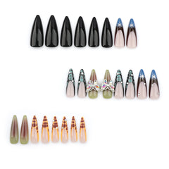 YICKYUE  -  24pcs French Fake Nails 3D Butterfly Rhinestone Design Press on Nails Full Cover Wearable Sweet Cool Leopard Almond False Nails