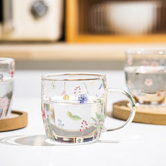 Coffee Mug Borosilicate Glass Creative Flower Pattern Tea Water Breakfast Cup with Handle Home Transparent Drinking Glasses