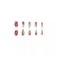 YICKYUE  -  24pcs Long Almond Aurora Fake Nails Press On Acyrlic Nails Wearable French False Nails with 3D Red White Crystal Flower Decor