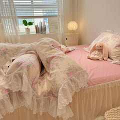 YICKYUE  -  Korean Style Lace Ruffles Pure Cotton Bedding Set Little Floral Duvet Cover Set Bed Skirt/Flat Sheet/Fitted Sheet Pillowcases