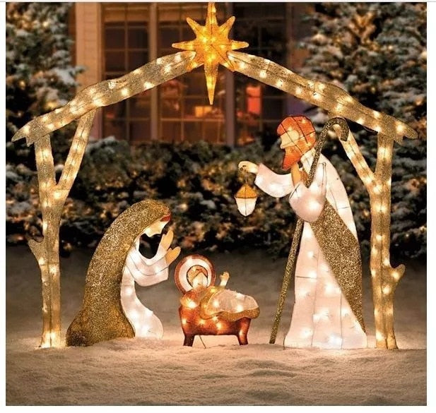 Tinsel Nativity Scene Warm White Yard Light for Easter Christmas Outdoor Yard Garden Decorations Event Decoration