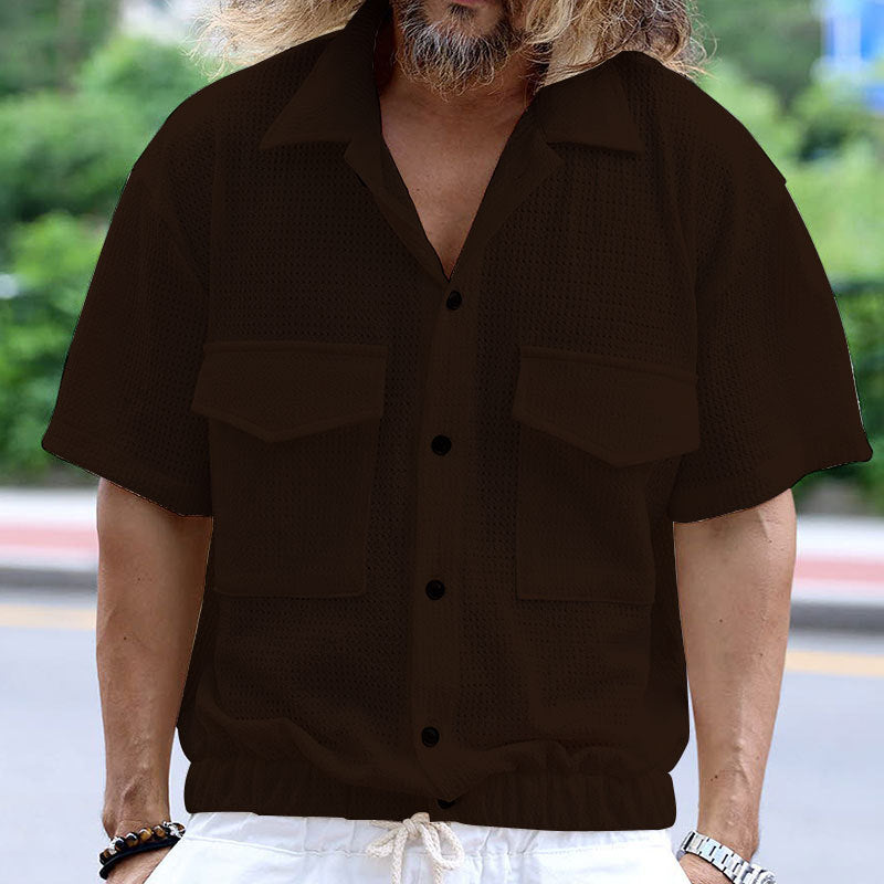 Hearujoy Vintage Mens Bubble Shirts Multi Pocket Short Sleeve Tops Summer Loose Casual Cardigan Cargo Polo Shirt Clothing Streetwear