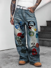 HEARUJOY  -  1pc Men's Street Style Wide Leg Faux Denim Jeans - Trendy Burnout Print, Loose Fit, Mid Waist, Non-Stretch, Zipper Placket for Daily Casual Wear