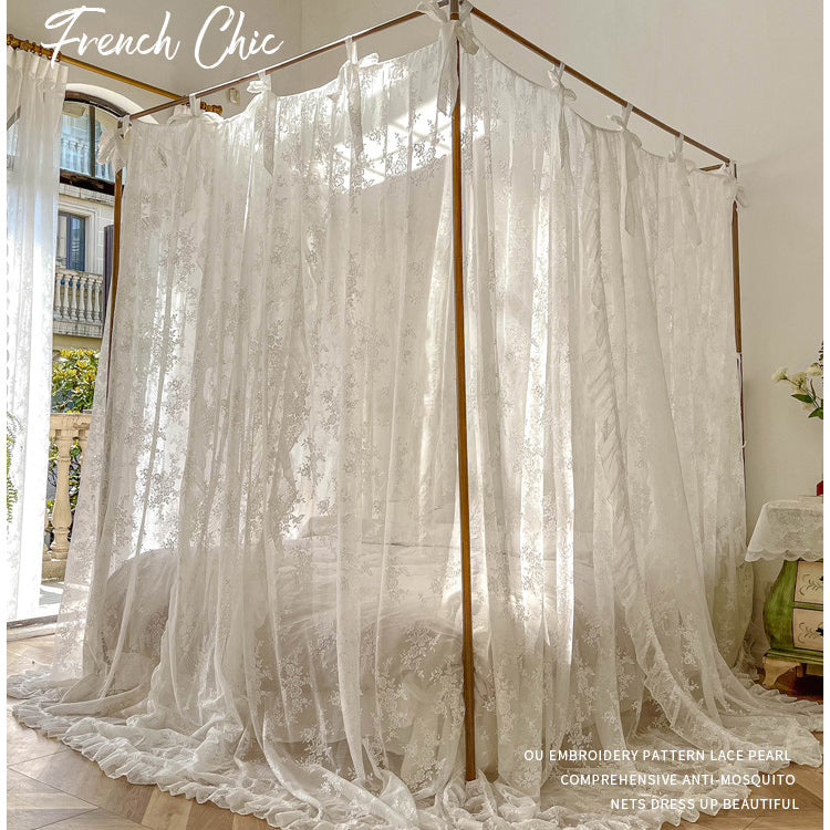 YICKYUE  -  Palace Mosquito Net with  Frame Romantic Lace Shading Bed Curtain Canopy Nets Three-door Bedcover Home Decoration