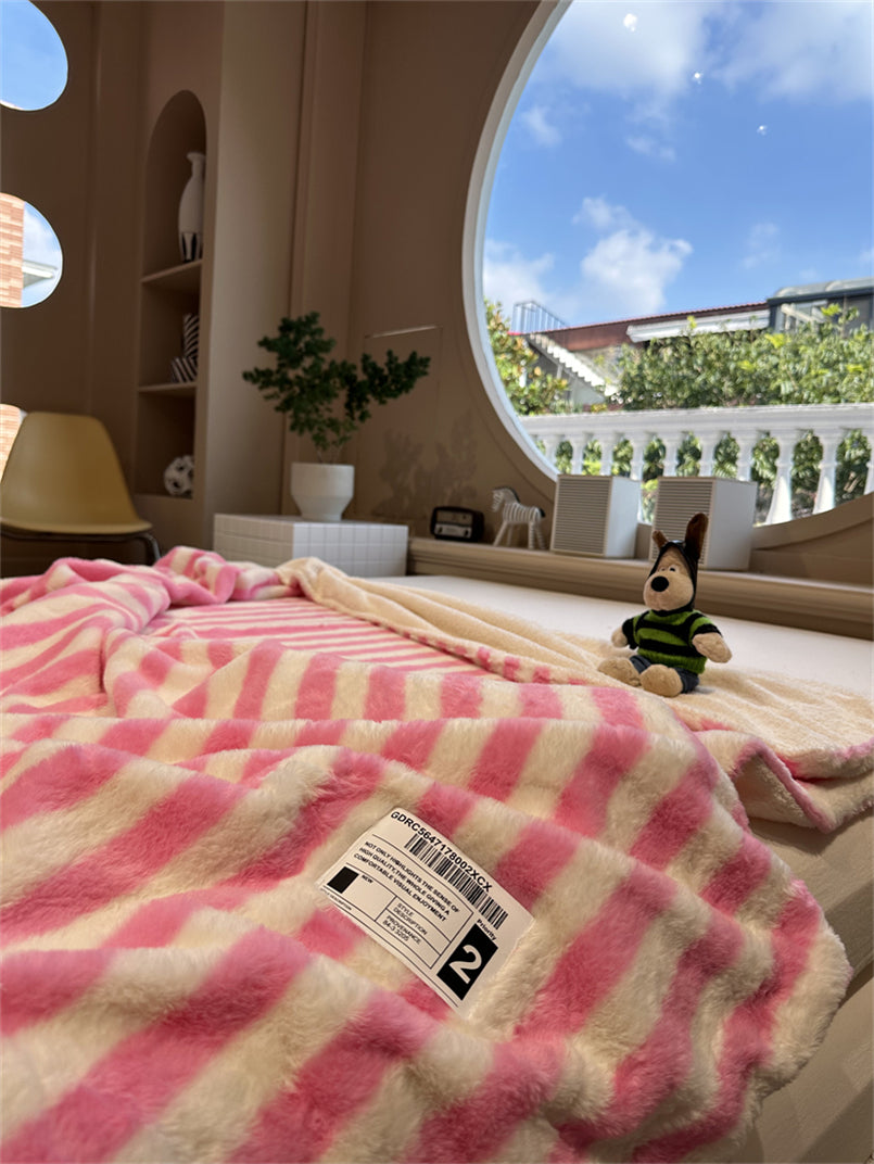 YICKYUE  -  Modern Simple Striped Rabbit Velvet Blanket Autumn and Winter Thickened Lunch Break Blanket Bedroom Sofa Shawl Blanket