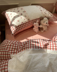 Yickyue  -  Romantic sweet flower plaid red lace bedding set,full queen king fairyfair cotton home textile bed sheet pillow case quilt cover