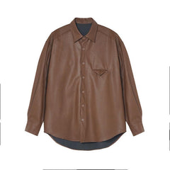 Hearujoy Korean Retro Leather Coat For Men Advanced Vintage Brown Leather Shirt Top Spring Autumn Trendy Long Sleeve PU Jacket Streetwear