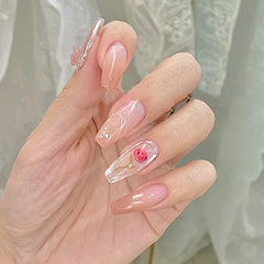 24Pcs/Box Long Ballerina False Nails Rose Design Artificial Coffin Fake Nails With Glue Full Cover Nail Tips Press On Nails