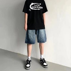 Hearujoy  Mens Y2k Casual Streetwear Denim Shorts with Belt 2024 Spring Summer New Genderless Sports Simple Solid Color Loose Jeans Unisex