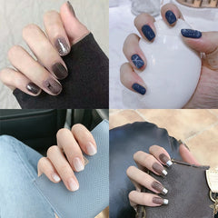 24Pcs Fake Nails Black Deer Marble Pattern Artificial False Nail Tips Solid Color Wave Point Short Faux Ongle Free Glue Sticker