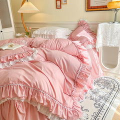 Yickyue Egyptina Cotton Bedding Set Luxury Pink Lace Ruffle Duvet Cover Bedspread Bed Skirt Pillowcases Korean Princess Home Textile