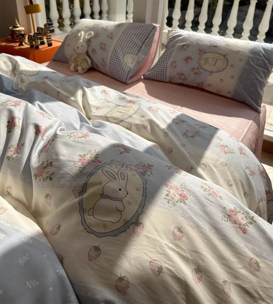 Yickyue -  Cute cartoon rabbit strawberry flower pink beding set,twin full queen king cotton home textile bed sheet pillow case quilt cover