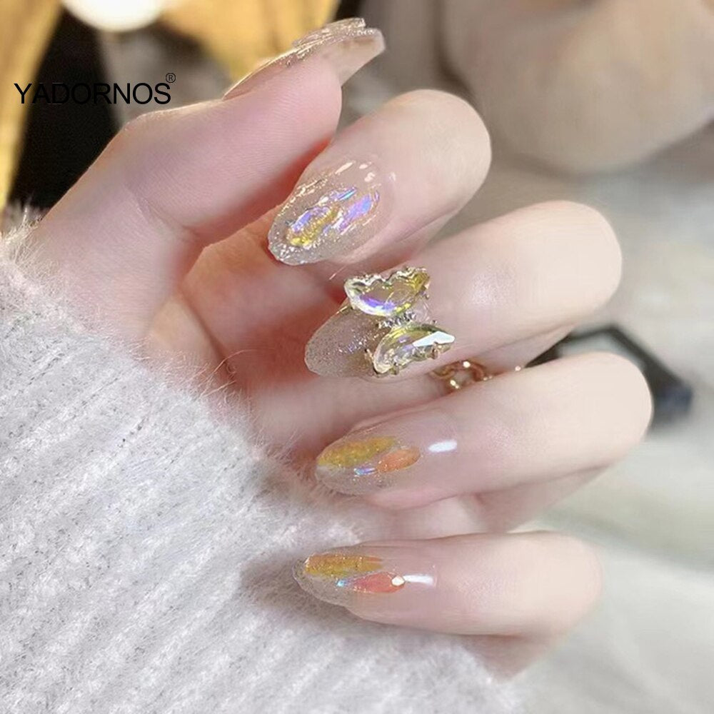 Korean Fake Nails 24Pcs Glossy Press On Nails 2022 3D Butterfly Glitter Diamond Design for Bride Wedding Free Shipping Items