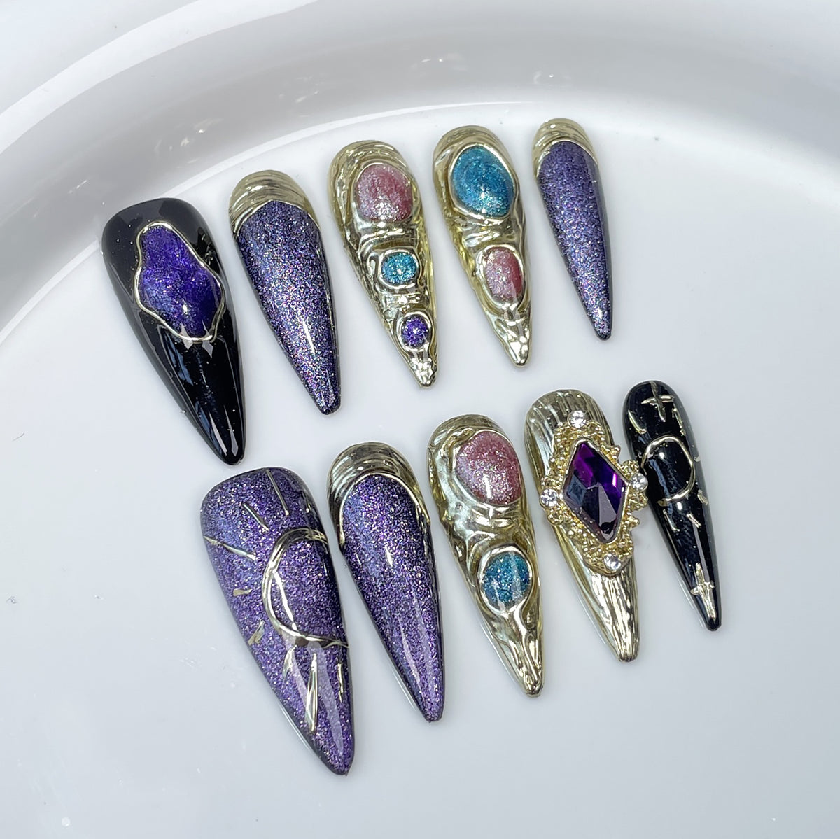 YICKYUE  -  10pcs Aurora Gradient Pink Stiletto Almond Press On Nails Blue Long Fake Nails with 3D Heart Butterfly Sweet Cool Nail Tips Art