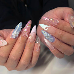 YICKYUE  -  24pcs 3D Flower Fake Nail Patch French Almond Summer Sea Shell Decor False Nail Full Cover Wearable Press on Nails Tips for Girl