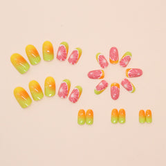 YICKYUE  -  24pcs 3D Red Grapefruit False Nails Long Almond Press On Acyrlic Nails French Tip Fruit Y2k Yellow Gradient Fake Nails Wearable
