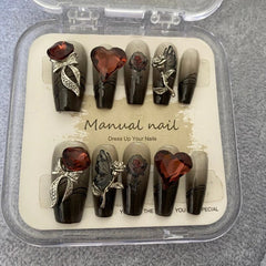 YICKYUE -  Black Gradient Metal Rose Wearable Fake nails Handmade Love Heart Irhinestone Art False Nail Patches Medium Long T Removable
