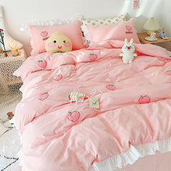 Yickyue Kawaii Peach  Bedding Set For Home Cotton Pink Twin Full Queen Size Cute Double Bed Sheet Pillowcase Duvet Quilt Cover