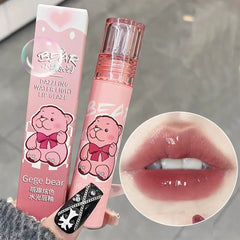 Yickyue Cute Bear Mirror Water Lip Glaze Moisturizing Sexy Red Lip Tint Lipstick Makeup lasting Color Non-stick Cup Lip Gloss Cosmetics
