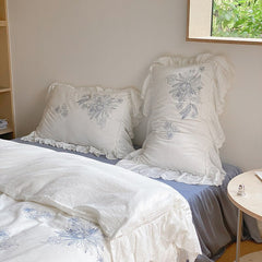 Yickyue French-style Hollow Lace Embroidery Washed Cotton Bedding Set Princess Style Flat sheet/Bed Skirt(1.5/1.8/2.0m Size,4pcs,White)