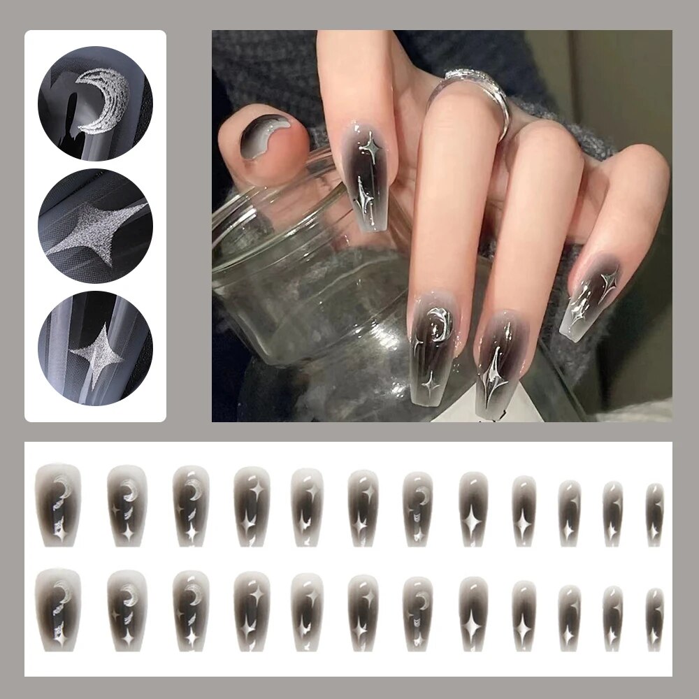 Yickyue Black Fake Nail Long Ballet Reusable Adhesive Acrylic Press on Set Nails Dark Acrylic Artificial False Nails Arts Tips 24Pcs/Box