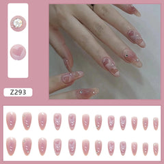 24Pcs Pink Heart Pattern False Nail with Diamond Decor Oval Pointed Head Fake Nail Full Finished Press on Nails for Women Girls