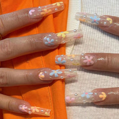 YICKYUE  -  Colorful Flower Pearl Wearable Nail Tip Art Full Cover Long Ballet Fake Nail Finished False Nail Press on Nail Glue for Manicure