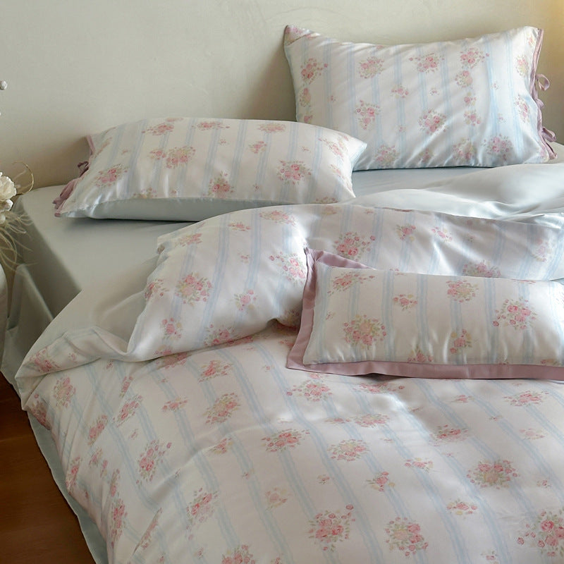 YICKYUE  -  Korean Summer Tencel Blend Bedding Set - 4PC Romantic Lace Trim | Cooling Cotton-like Sheets