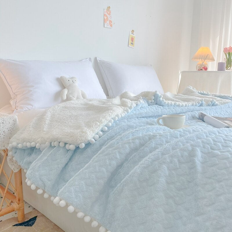 Yickyue Pom Pom Blanket Solid Soft Fleece Pompom Fringe Blanket for Bed Sofa Decorative Cozy Plush Warm Velvet Tassel Throw Blanket