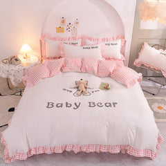 White Pink Cute Sanding Cartoon Stereoscopic Toy Bear Girl Bedding Set Duvet Cover Bed Skirt Bed Sheet Pillowcases Child's Gift