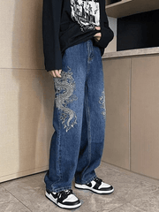 Hearujoy Blue Hip Hop Men's Straight Leg Jeans with Dragon Embroidery